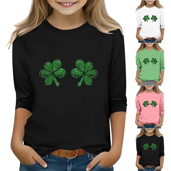 HAOTAGS Girls Patrick's Day T-Shirts, Print 3/4 Sleeve Short Sleeve Round Neck Shirt White 5-6Years