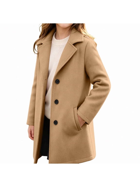 Girls Pea Coat (5-15) Lapel Collar Long Sleeve Mid-Long Trench Coat With Pockets Brown Size 6
