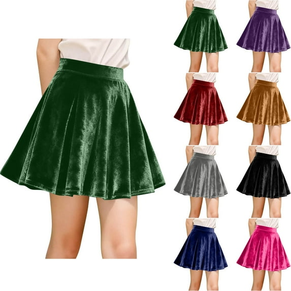 HAOTAGS Girls Pleated Velvet Skirt(4-15), Elastic Waist School Uniform Short Skirt Blue 5-6 Years