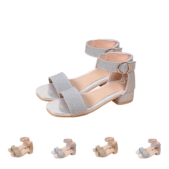 HAOTAGS Girls Princess Heel Glitter Sandals,Slingbacks Spring/Summer Breathable Open Toe Causal Sandals Silver 11.5