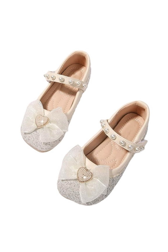 Girls Princess Shoes,Pearl Bow Sparkles Performance Soft Sole Shoes Beige 9.5 M