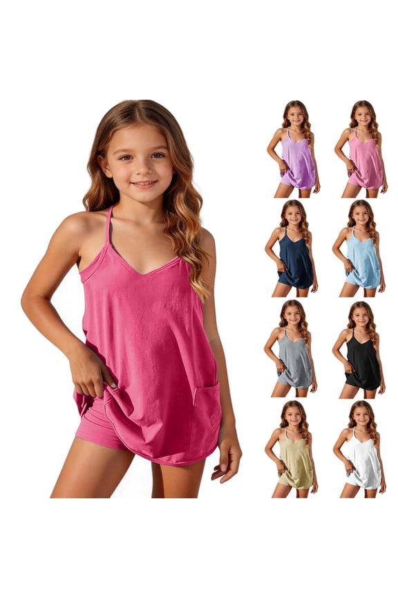 Girls Racerback Dresses,V-Neck Playsuit Tween Halter Solid Pocket Sleeveless Tank Dress Hot Pink 14-15