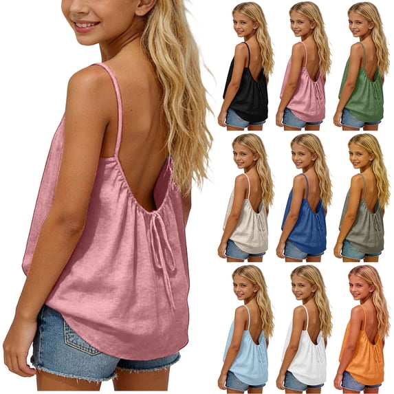 HAOTAGS Girls Ruched-Back Tank Top (5-14), Cute Loose Strappy Cami with Drawstring Pink 9 Years