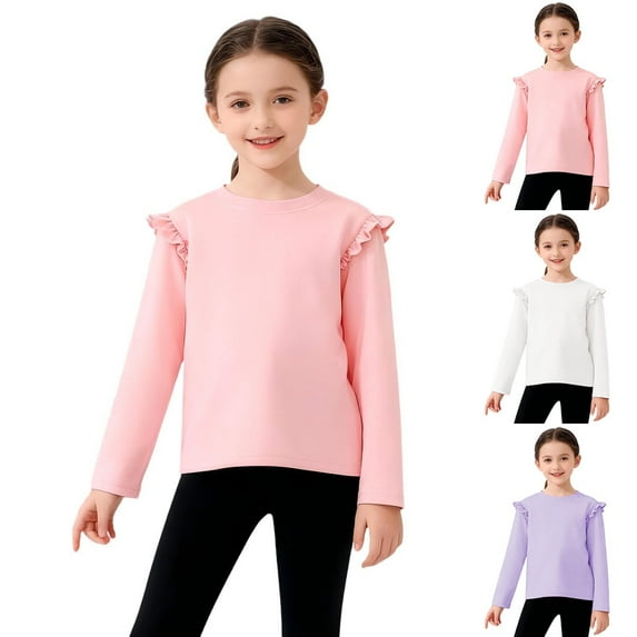 HAOTAGS Girls Ruffle Sleeve Tops(3-14), Casual Long Sleeve Round Neck T-shirts for Spring Fall White 11-12 Years