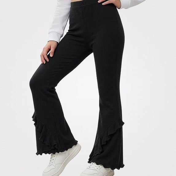 HAOTAGS Girls Ruffle-Trim Flare Pants, Stretchy Elastic-Waist Casual Spring & Fall Jeans Black Size 5T