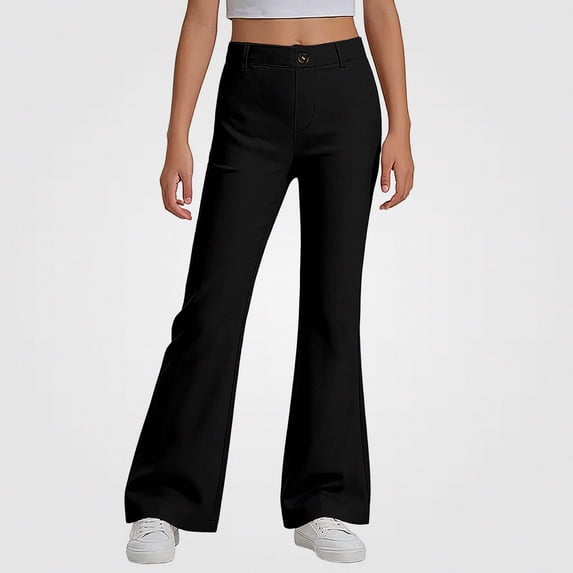 HAOTAGS Girls School Uniform Pants, Elatic Waist Solid Color Flared Pants Black Size 7