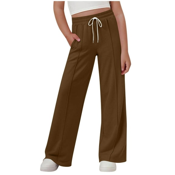 HAOTAGS Girls School Uniform Pants, Solid Elastic Waist Casual Wide - Leg Pants Brown 11-12 Years