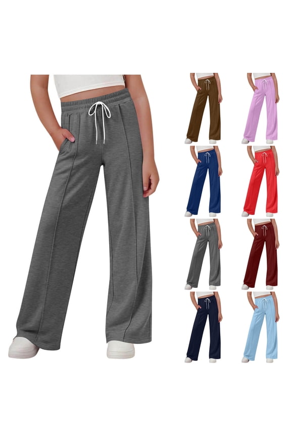 Girls School Uniform Pants, Solid Elastic Waist Casual Wide - Leg Pants Gray 5-6 Years