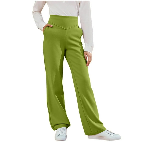 HAOTAGS Girls School Uniform Pants, Student Solid Elastic Waist Flared Pants Army Green 14-15 Years