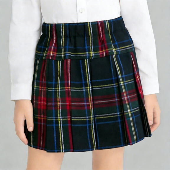 HAOTAGS Girls School Uniform Pleated Skirt,High Waisted Student Short Plaid Skirt Green 9-10
