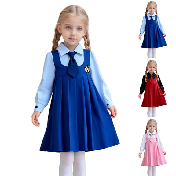 HAOTAGS Girls School Uniform Set, Comfortable Classic Collar Elastic Waist Pleated Dress Set Blue 5-6 Years