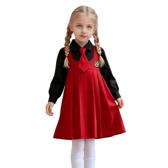 HAOTAGS Girls School Uniform Set, Comfortable Elastic Waist Classic Collar Pleated Dress Set Red 7-8 Years