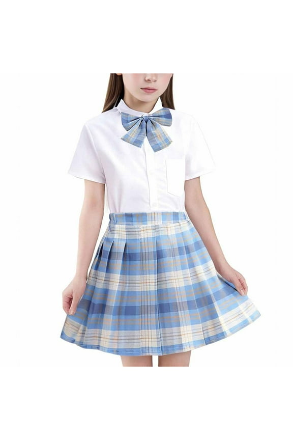 Girls School Uniform Skirt Suits,with Tie Elastic Waist Short Sleeve Tops Pleated Skirts 3-Piece Outfits Sets Pink 5-6 Years