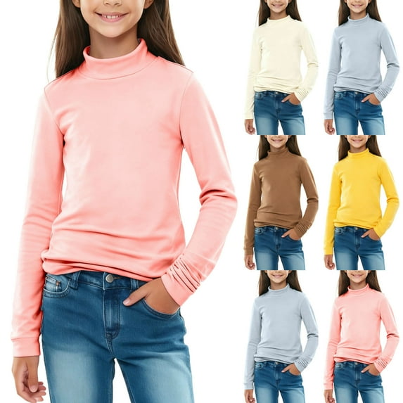 HAOTAGS Girls School Uniform T-shirts, Crewneck Long - Sleeve Standing Collar School Shirts Pink 3-4Years