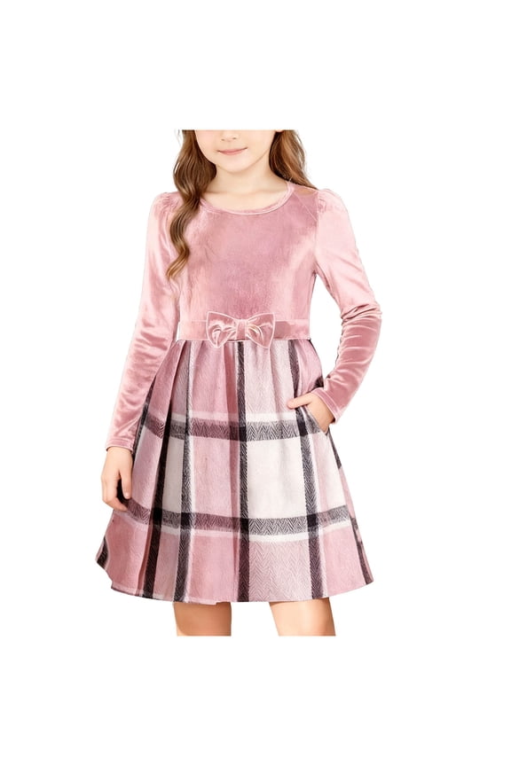 Girls Shool Uniform Dress, Patchwork Pocketed Velvet Plaid Long - Sleeve Party Dress with Pockets Pink 110
