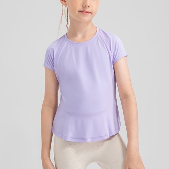 HAOTAGS Girls Short Sleeve Round Neck Dance Yoga T-shirts Solid Quick Dry Split Sports Top Purple Size 6 Years