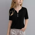 thumbnail image 1 of HAOTAGS Girls Short Sleeve V-neck Button Tee Tops（3-14 Years） Casual Solid Color Summer T-shirts Black Size 11 Years, 1 of 5