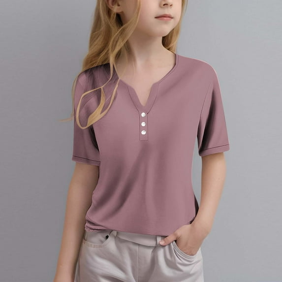 HAOTAGS Girls Short Sleeve V-neck Button Tee Tops（3-14 Years） Casual Solid Color Summer T-shirts Hot Pink Size 13 Years