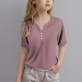 thumbnail image 1 of HAOTAGS Girls Short Sleeve V-neck Button Tee Tops（3-14 Years） Casual Solid Color Summer T-shirts Hot Pink Size 4 Years, 1 of 5