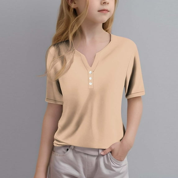 HAOTAGS Girls Short Sleeve V-neck Button Tee Tops（3-14 Years） Casual Solid Color Summer T-shirts Khaki Size 11 Years