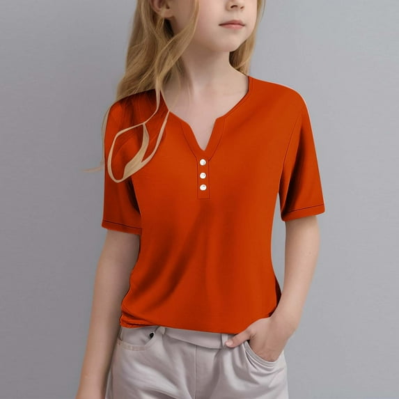 HAOTAGS Girls Short Sleeve V-neck Button Tee Tops（3-14 Years） Casual Solid Color Summer T-shirts Orange Size 5 Years