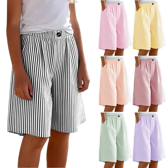 HAOTAGS Girls Shorts,Button Front Breathable Casual Striped Knee-Length Shorts Black 10