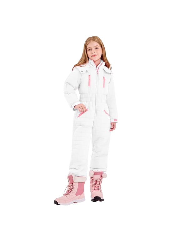 Girls Skiing Suits, Warm Outerwear Windproof Hooded Snowsuit White 13 Years