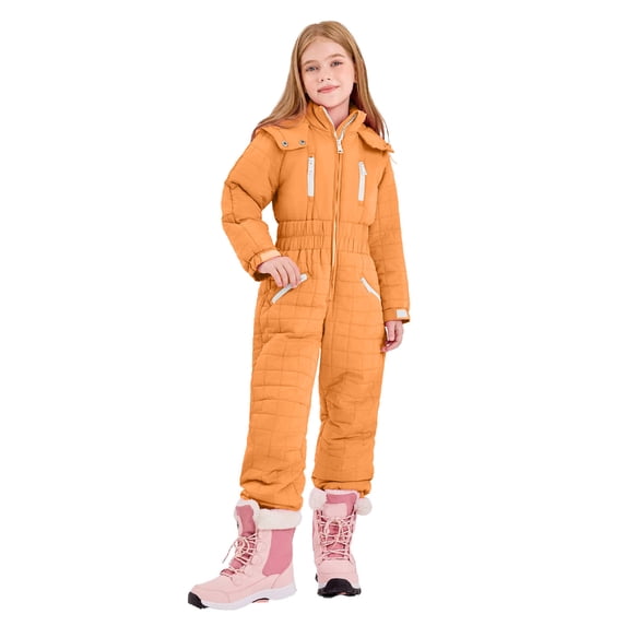HAOTAGS Girls Skiing Suits, Warm Windproof Outerwear Hooded Snowsuit Orange 13 Years
