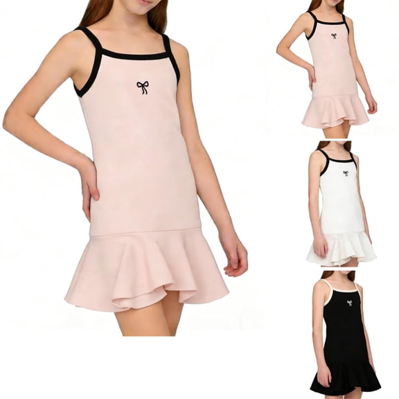 HAOTAGS Girls Sleeveless Dresses,Ruffle Hem Breathable Soft Stretch Princess Casual Playwear Pink 6-7