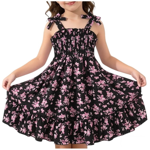 HAOTAGS Girls Smock Dresses,Round Neck Knee-Length Sleeveless A-Line Summer Floral Dress Pink 7-8