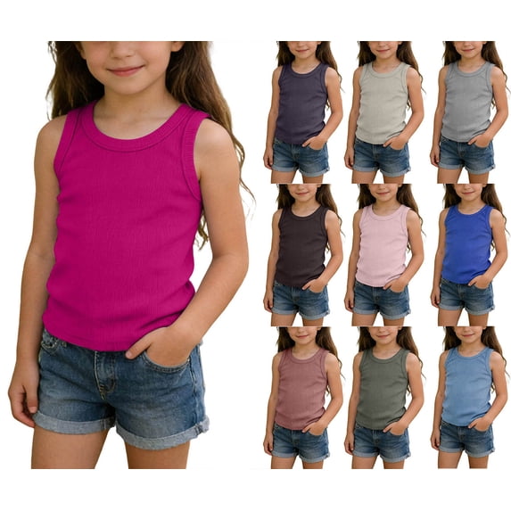 HAOTAGS Girls Soft Rib-Knit Sleeveless Tank Tops Casual Summer Lightweight Layering Tops Hot Pink Size 5-6Years