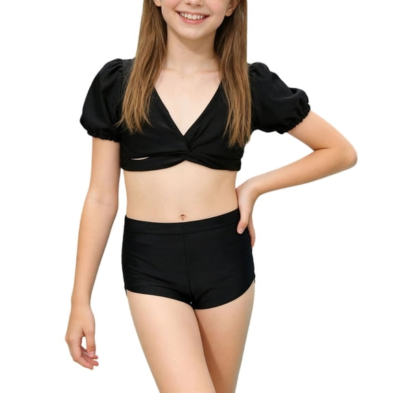 HAOTAGS Girls Solid Ruffle Bikini Set,Two-Piece Swimwear Youth Ruffle Swimsuit Swimsuit Tankini Swimsuit Black 2