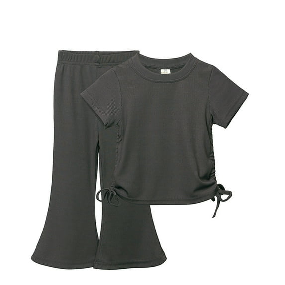 HAOTAGS Girls Solid Short Sleeved T Shirt Round Neck Top Two Piece Outfit Pants Set Dark Gray Size 2-3T