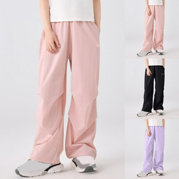 HAOTAGS Girls Straight-Leg Pants, Summer Sun Protection Solid Color Breathable Pocket Casual Long Pants Pink 7 Years