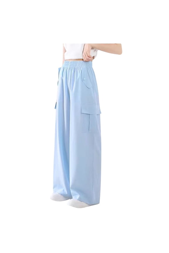 Girls Straight Pants,Casual Outwear Multiple Pockets Lightweight Casual Cotton Pants for Girls Sky Blue 11 Years