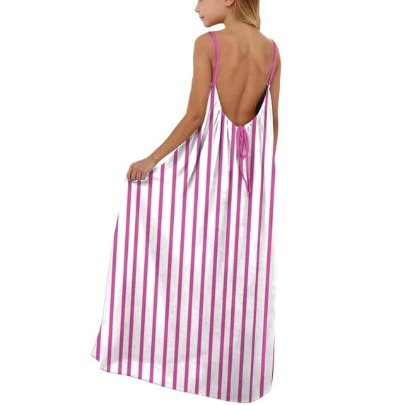 HAOTAGS Girls Striped Dresses,Summer Cami Beach Cover Gown Drawstring Tank Maxi Dress Pink 11-12