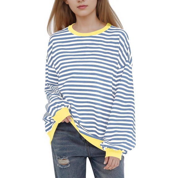 HAOTAGS Girls Striped Sweatshirt, Long - Sleeve Comfort Classic Round Neck Daily Casual Shirt Blue 1-2 Years