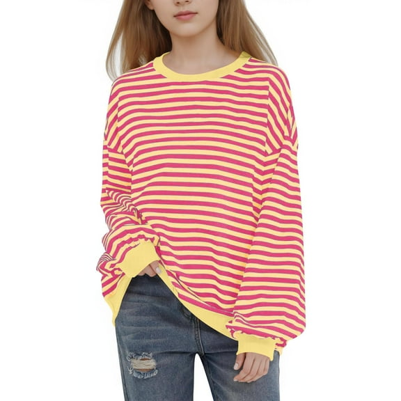 HAOTAGS Girls Striped Sweatshirt, Long - Sleeve Comfort Round Neck Classic Daily Casual Shirt Yellow 1-2 Years