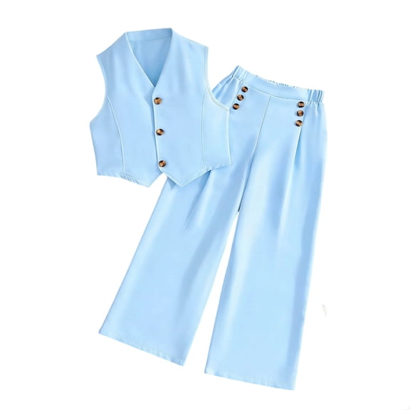 HAOTAGS Girls Suit Set,Notch Lapel Vest Summer Two Piece Slant Front Jacket Tailored Summer 2 PC Set Sky Blue 11-12 T