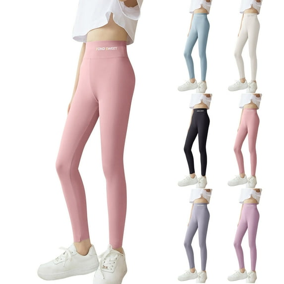 HAOTAGS Girls Summer Casual Pants, Comfortable High-Waisted Solid Breathable Yoga Tights Pink 7-8 Years