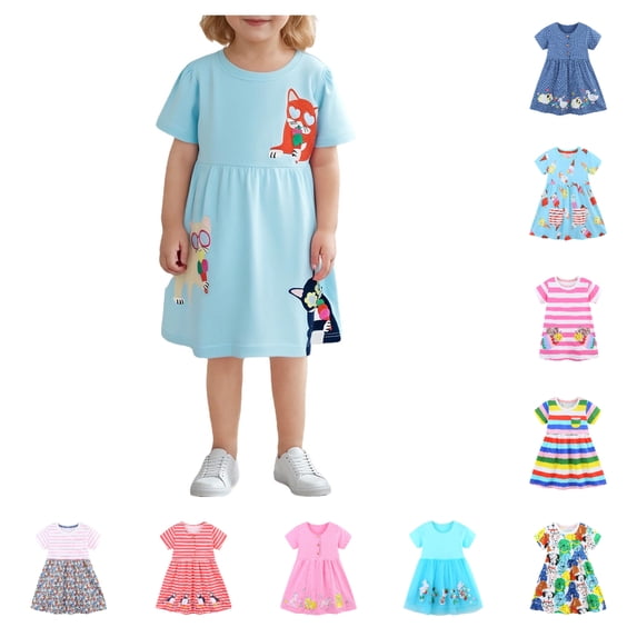 HAOTAGS Girls Summer Dresses,Printed Cotton Crew Neck Short-Sleeve Dress Blue 4 T