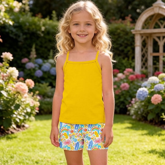 HAOTAGS Girls Summer Outfit Sets,Floral Print Cotton Sleeveless Vest and Shorts Set Round - Neck 2 PC Yellow Size 11-12Years