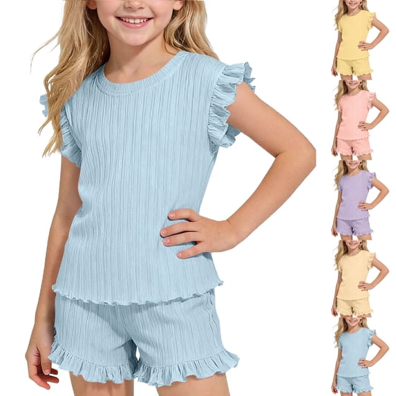 HAOTAGS Girls' Summer Outfit Sets, Solid T-shirts+ Shorts 2 Piece Sets Beige Size 7-8Years