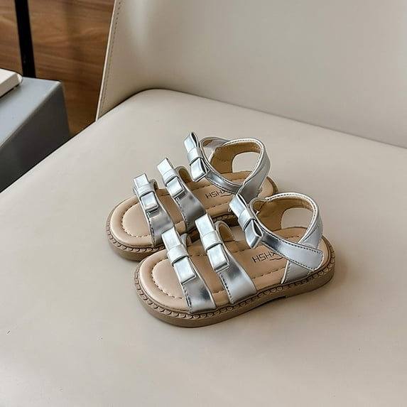 HAOTAGS Girls Summer Sandals, Open Toe Adjustable Hook & Loop Sandals for Beach Silver 5.5 T