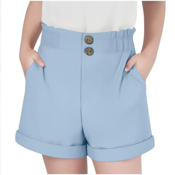 HAOTAGS Girls Summer Shorts, with Pockets Elastic Waist Solid Color Casual Shorts Blue 7 Years