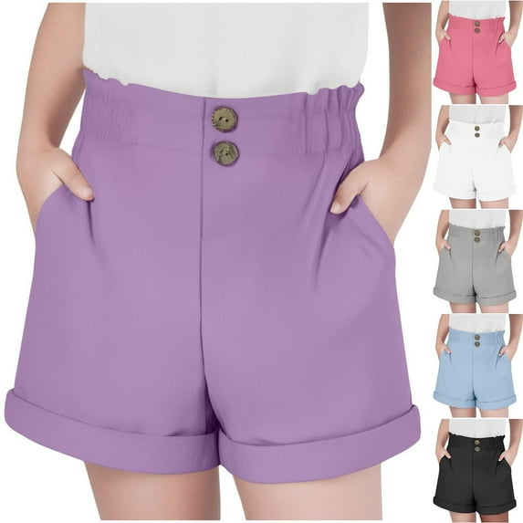 HAOTAGS Girls Summer Shorts, with Pockets Elastic Waist Solid Color Casual Shorts Purple 9 Years