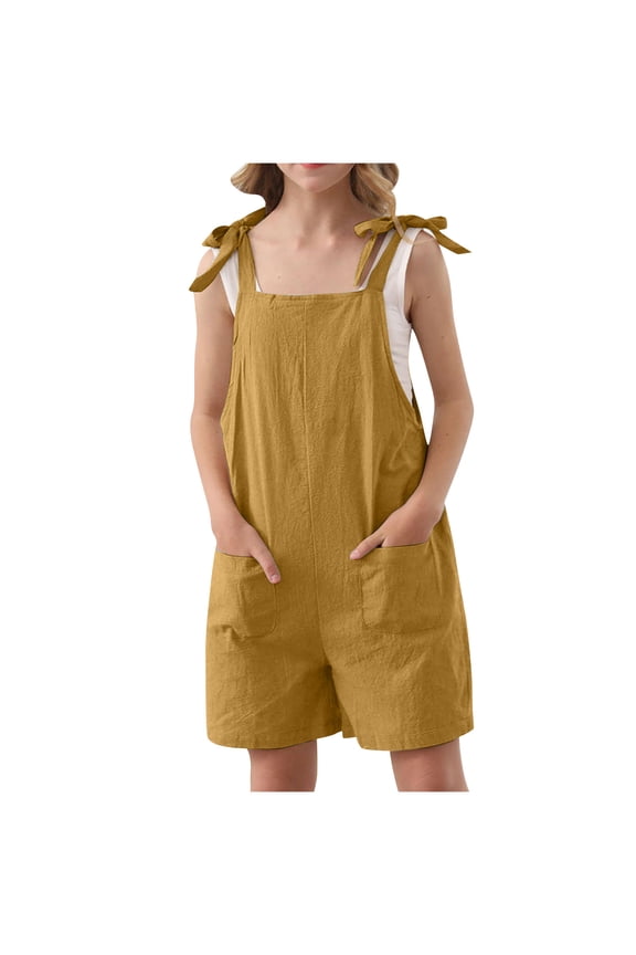 Girls Summer Sleeveless Casual Romper Spaghetti Strap Solid Color Summer Jumpsuit With Pockets Gold Size 5 T
