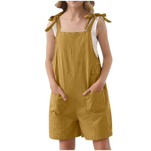 HAOTAGS Girls Summer Sleeveless Casual Romper Spaghetti Strap Solid Color Summer Jumpsuit With Pockets Gold Size 9 T