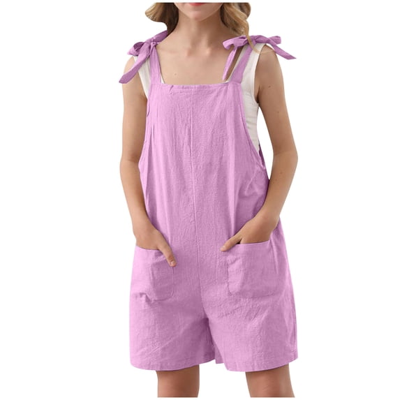 HAOTAGS Girls Summer Sleeveless Casual Romper Spaghetti Strap Solid Color Summer Jumpsuit With Pockets Purple Size 9 T