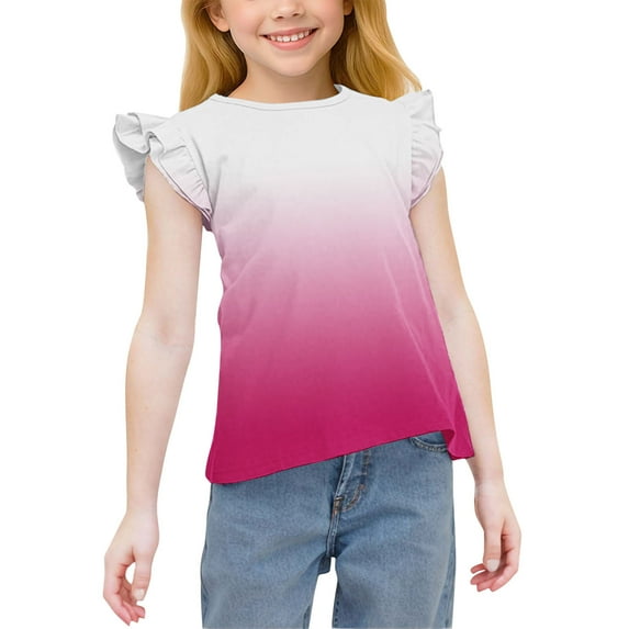 HAOTAGS Girls' Summer T-Shirts, Causal Gradient Ruffled Sleeve Lightweight Tops Hot Pink 10 Years